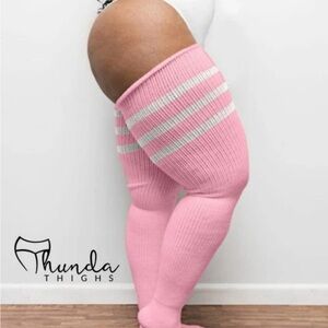 Thunda Thighs Pink Ribbed over-the-knee socks with White Stripes